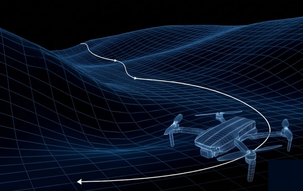 Drone flying above ground terrain